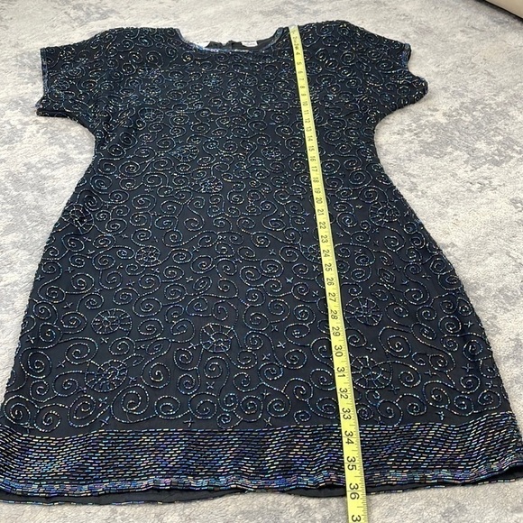 Vintage Laurence Kazar Black Silk Beaded Evening Cocktail Shift Dress Sz MP - Picture 5 of 11